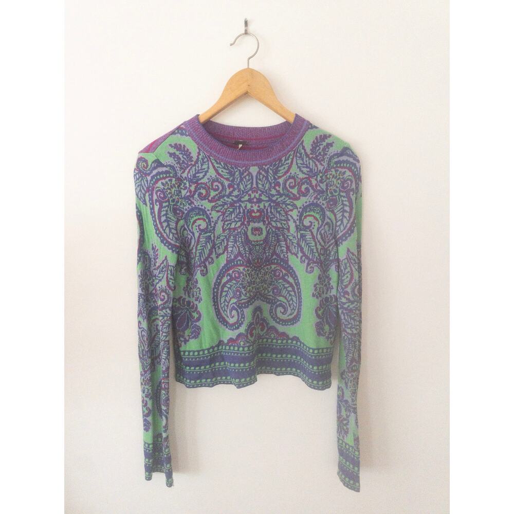 Free People New Age Purple and Green Paisley Crew Neck Sweater